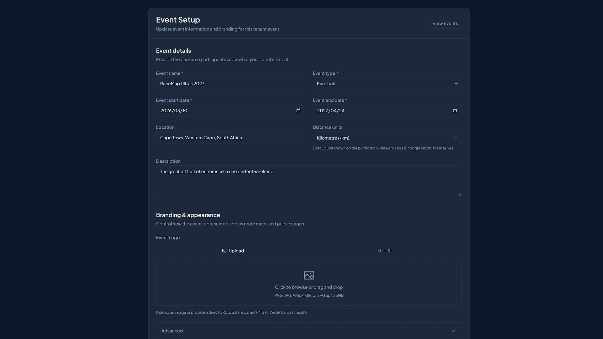Terranaut admin, the event setup screen with name, type, dates, location and event branding