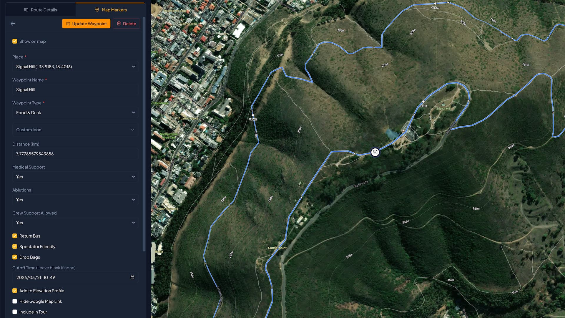 Terranaut admin, placing an aid station waypoint at an exact distance along the route